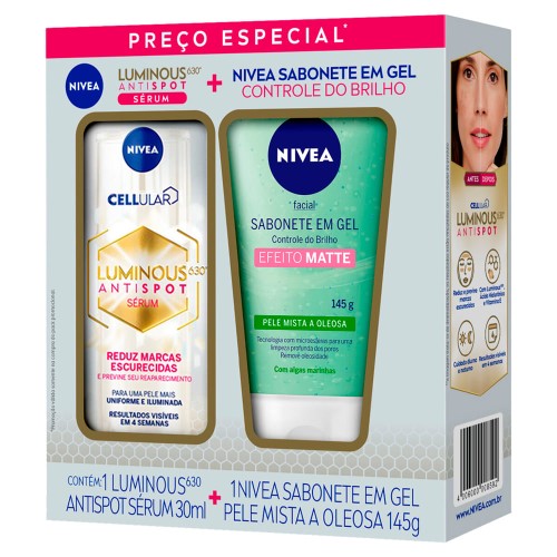 Kit Nivea Luminous 630 Sérum Intensivo 30 ml + Sabonete em Gel Controle do Brilho 145g