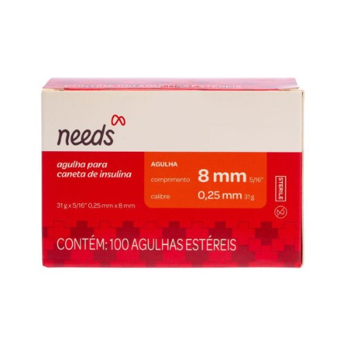 Agulha para Caneta Aplicadora de Insulina Needs 8mm com 100 unidades