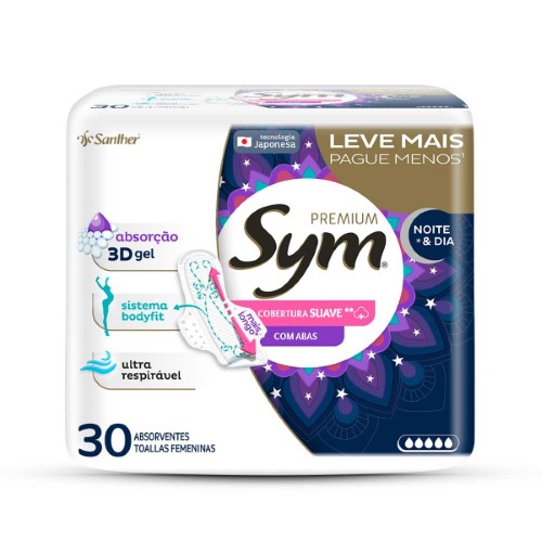 Absorvente Sym Premium Good Night Cobertura Suave Com Abas 30 Unidades Leve Mais Por Menos