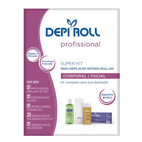 Depilador DepiRoll Super Kit com Aparelho Aquecedor Bivolt, Suporte Aparelho Aquecedor + Refil Cera Roll-on Tradicional 100g + Óleo Pós Depilatório 10