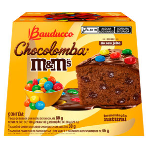 Chocolomba Bauducco com Gotas de Chocolate 80g Sachê de Cobertura Chocolate com Avelã 30g e Sachê de Confeitos M&M 45g