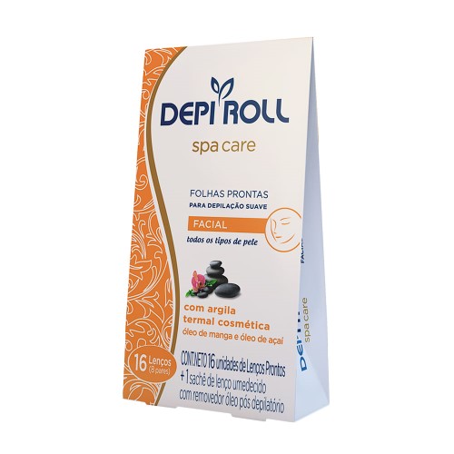 Depilador DepiRoll Spa Care Cera Fria Facial Folhas PLásticas Prontas com 16 Unidades (8 Pares) + 1 Sachê de Lenço Umedecido com Removedor Óleo Pós De