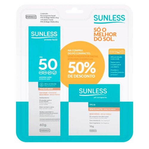 Pó Compacto Sunless Efeito Matte FPS 50 Bege Médio 10g e Ganhe 50% de Desconto no Protetor Solar Sunless com Base Cor Bege Médio FPS 50 Toque Seco 60g