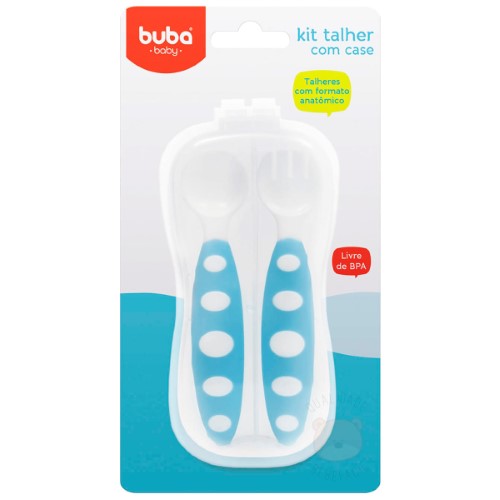 Colher Infantil Buba Azul 1 Unidade + Garfo Infantil Buba Azul 1 Unidade + Case