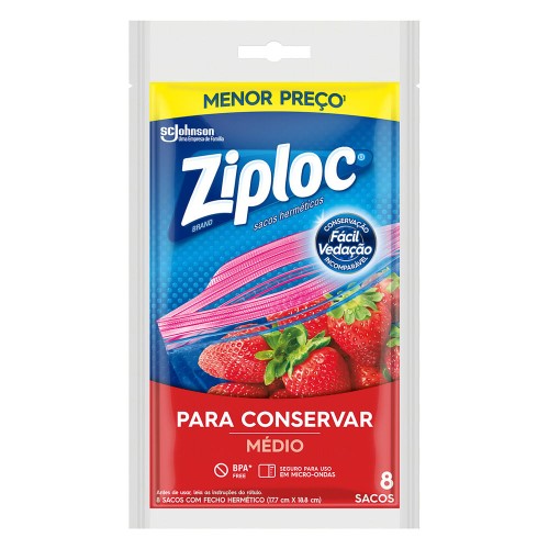 Saco Hermético Ziploc para Conservar Alimentos Tamanho Médio com 8 Unidades