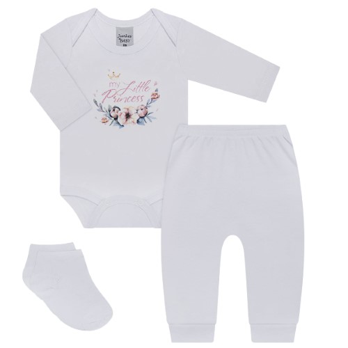 Body longo c/ Calça e Meia para bebê em suedine Princess - Junkes Baby