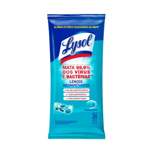 Lenço Umedecido Desinfetante Lysol Frescor Marinho 36 unidades