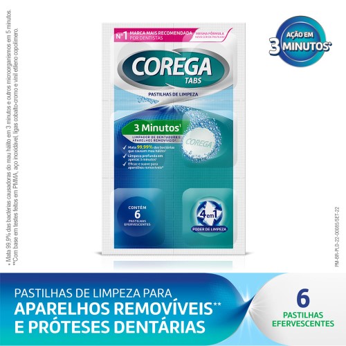 Limpador De Dentadura e Aparelhos Removíveis Corega Tabs 3 Minutos 6 Pastilhas Efervescentes