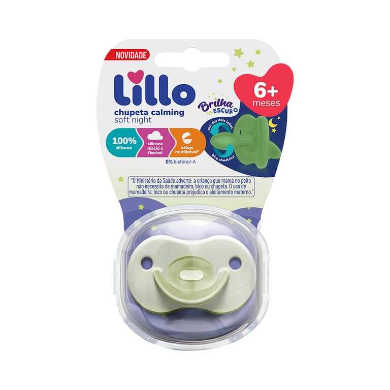 Chupeta Lillo Calming Soft Night Brilha No Escuro Silicone Maiores De 6 Meses Branca