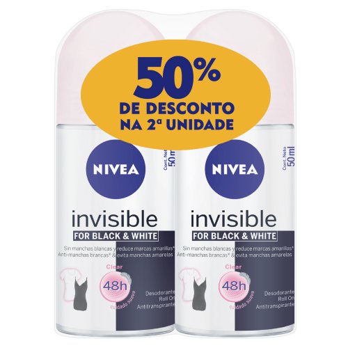 Desodorante Roll-On Nivea Black&White Invisible Clear Feminino com 2 unidades com 50ml cada