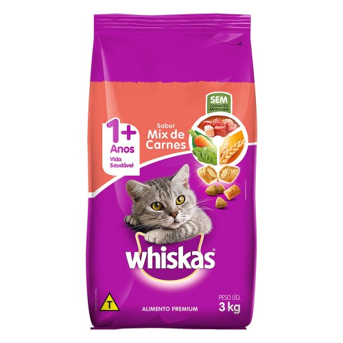 Ração para Gatos Whiskas Adultos 1+ Anos Sabor Mix de Carne 3Kg