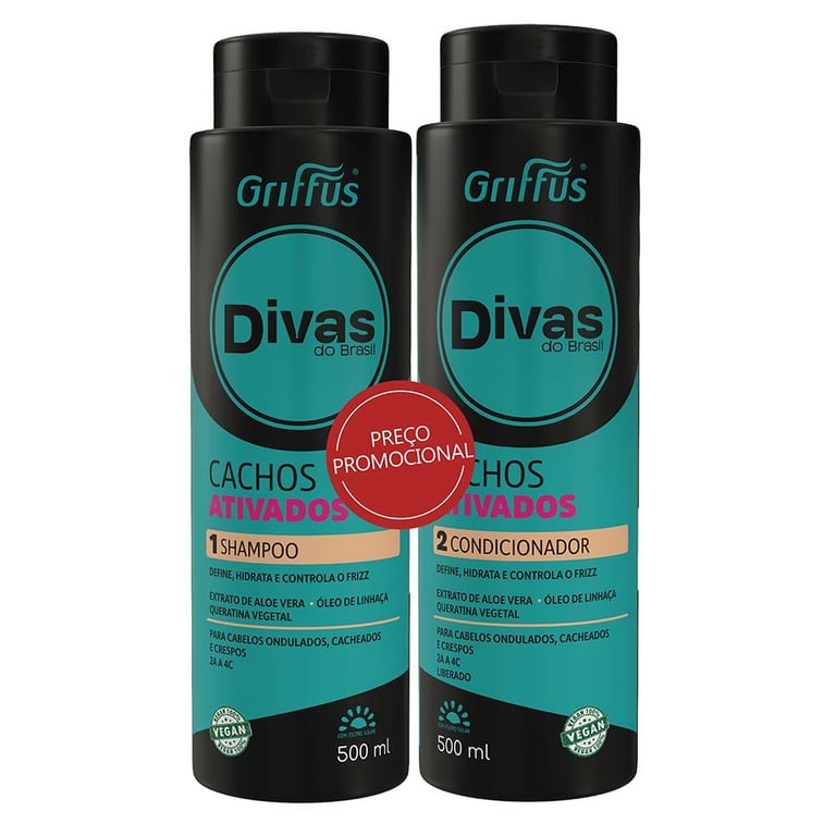 Divas do Brasil Shampoo + Condicionador Cachos Ativados 2A a 4C Vegano