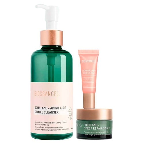 Biossance Fresh Start Kit – Gel de Limpeza + Creme Reparador + Hidratante Labial