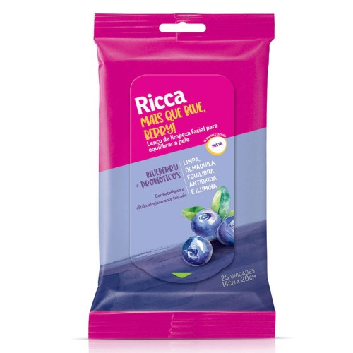 Lenço de Limpeza Facial Ricca Mais que Blue Berry com 25 Unidades