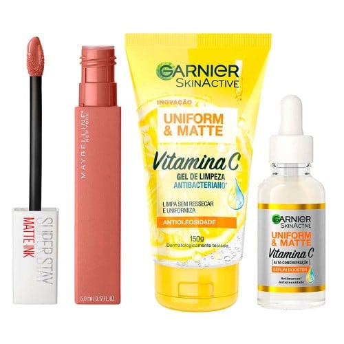 Garnier + Maybelline Kit – Gel de Limpeza Facial + Sérum Facial + Batom Líquido SuperStay Matte Ink