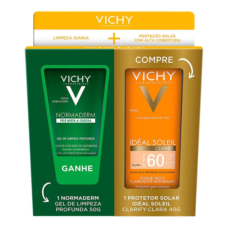 Kit Vichy Protetor Solar Idéal Soleil Clarify Clara FPS 60 40g + Gel de Limpeza Profunda Normaderm 50g