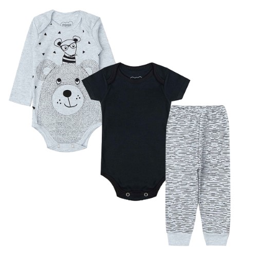 Kit: Body longo + Body curto + Calça para bebê em algodão Mouse - Orango Kids 