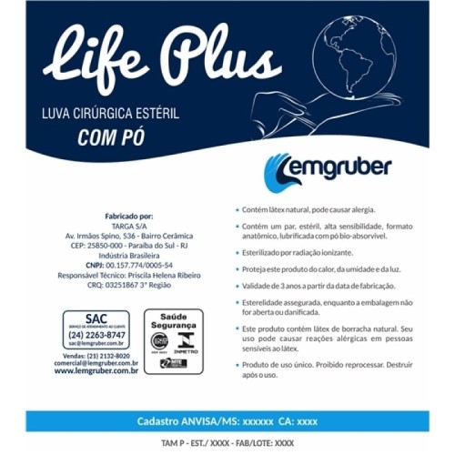 Luva Cirúrgica Estéril Lemgruber Life Plus - Tam 8.0