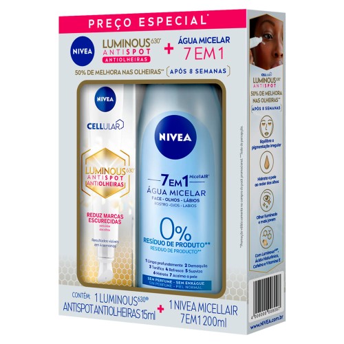 Kit Creme Nivea Cellular Luminous 630º Antispot Antiolheiras 15ml e Água Micelar Nivea MicellAir 7 em 1 200ml