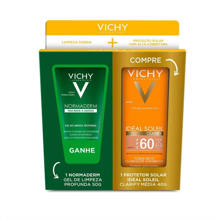 Kit Vichy Protetor Solar Idéal Soleil Clarify Média FPS 60 40g + Gel de Limpeza Profunda Normaderm 50g