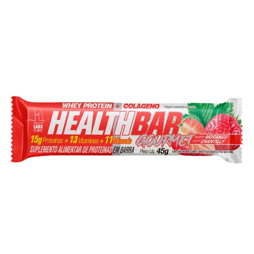 Barra de Proteína Health Bar Gourmet Whey Protein e Colágeno Helath Labs Iso Sabor Morango com Chantilly 45g