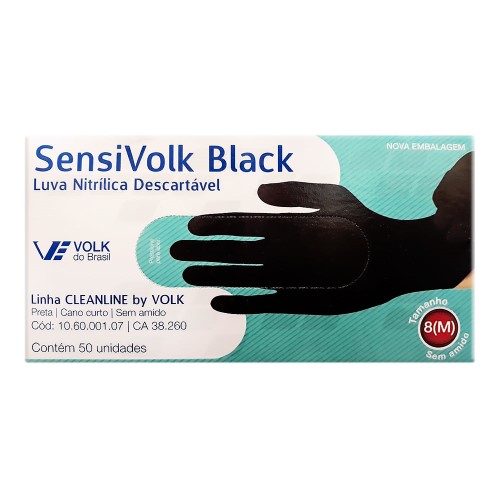 Luva Nitrílica SensiVolk Black Descartável Não Estéril Sem Amido Tamanho 8 (M) com 50 Unidades