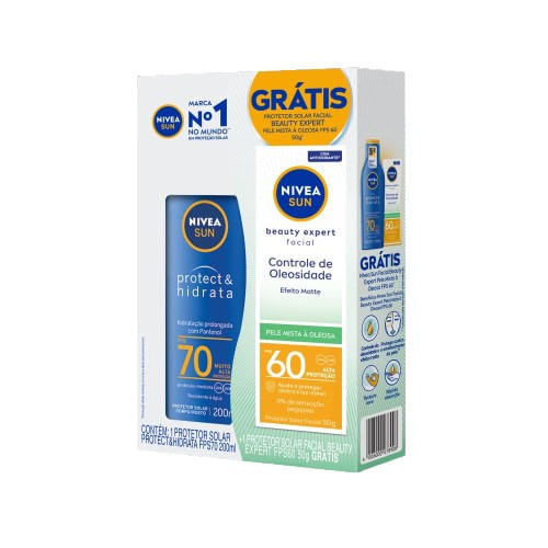 Kit Nivea Sun Protetor Solar Protect & Hidrata FPS 70 200ml + Facial Beauty Expert Pele Oleosa FPS 60 50g