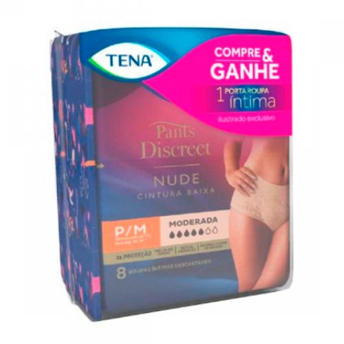 Roupa Íntima Tena Pants Discreet Nude Tamanho P/M 8 Unidades e Ganhe Porta Roupa Íntima