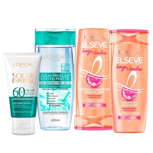 L’Oréal Paris Kit – Água Micelar Efeito Matte + Protetor Solar Expertise FPS60 + Shampoo e Condicionador Longo dos Sonhos