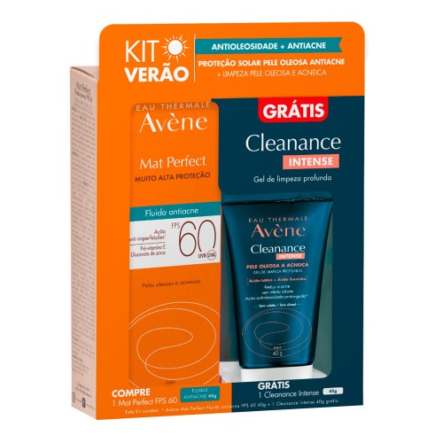 Avène Verão Kit – Protetor Solar Facial Mat Perfect Fluido Antiacne FPS60 40g + Gel de Limpeza Facial Profunda Cleanance Intense 40g