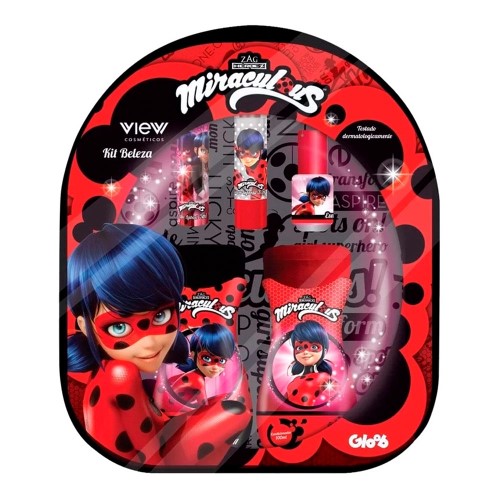 Kit Beleza Infantil Miraculous Ladybug View Cosméticos com 1 Mochila + 1 Batom + 1 Brilho Labial + 1 Esmalte + 1 Shampoo + 1 Condicionador