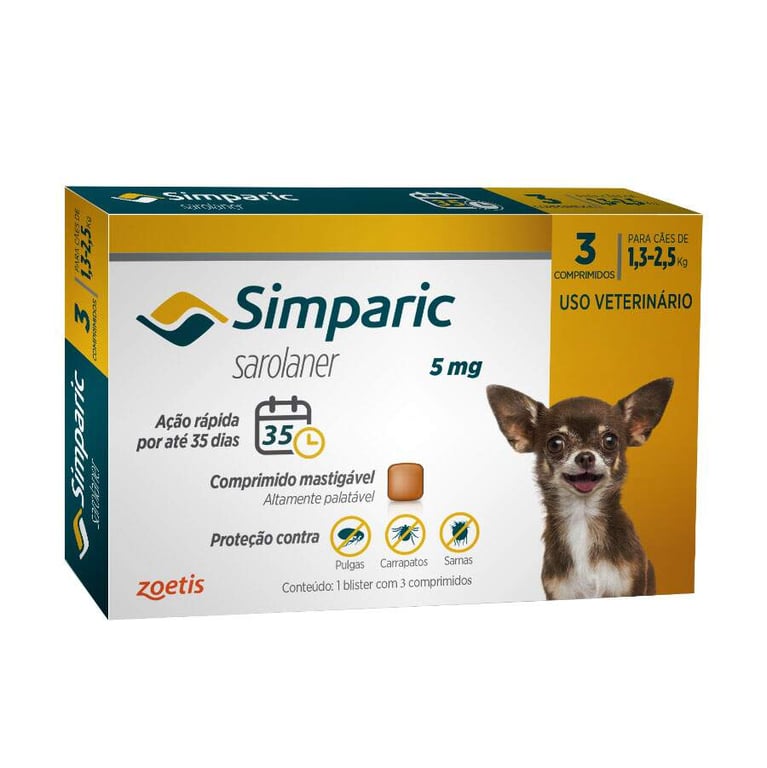 simparic antipulgas para Cães de 1,3 a 2,6Kg - 5mg - 3 comprimidos