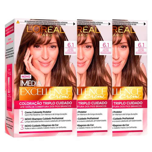 L’Oréal Paris Coloração Imédia Excellence 6.1 Louro Esc. Acinz. Kit - 3 Unidades