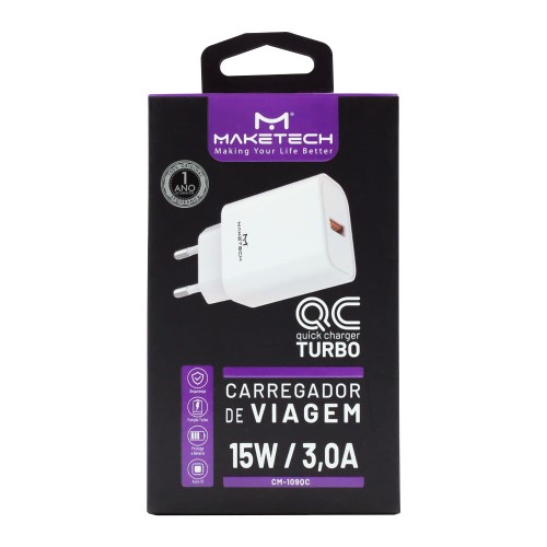 Carregador de Viagem Maketech Turbo 15W CM 109QC Branco 3,0A com 1 Porta USB QC