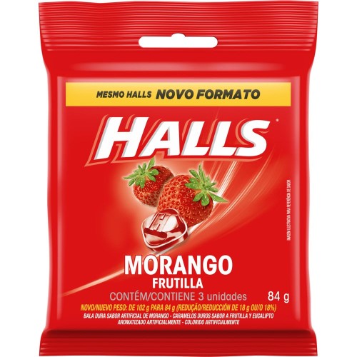 Bala Halls Morango 84g com 3 Unidades