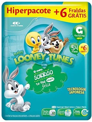 Fralda Baby Looney Tunes Tamanho G Pacote Hiper 54 Fraldas Descartáveis e Ganhe 6 Fraldas