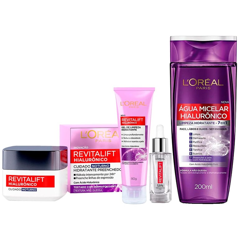 L`oréal Paris Revitalift Hialurônico Kit – Água Micelar + Creme Anti-idade Noturno + Gel de Limpeza + Sérum