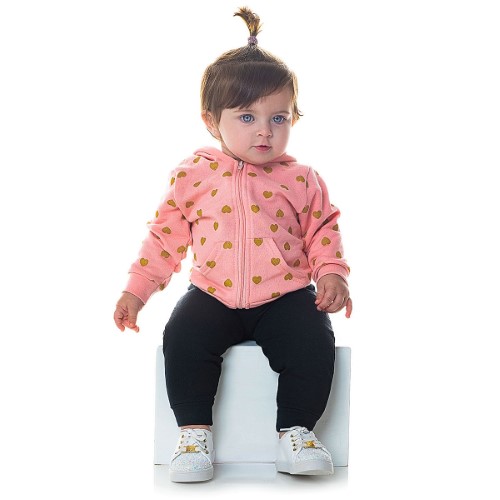 Blusão capuz c/ Calça para bebê em moletom Coração Dourado - Orango Kids