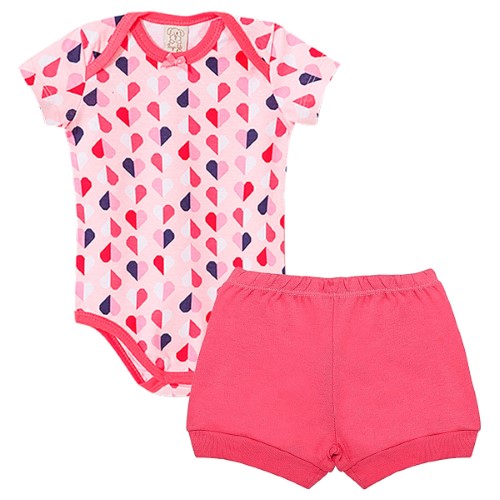 Body curto c/ Shorts para bebê em malha Corações - Pingo Lelê