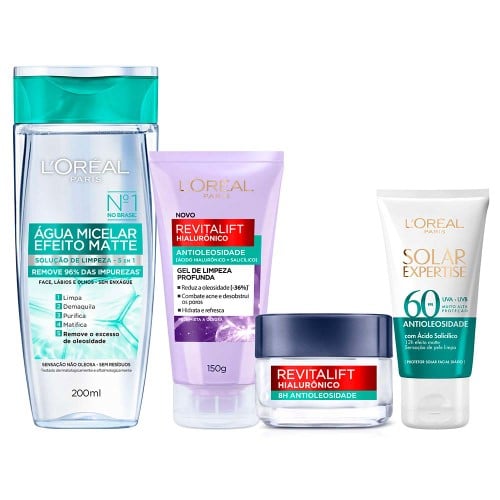 L’Oréal Paris Antioleosidade Kit – Água Micelar + Gel de Limpeza Profunda + Gel Creme Facial + Protetor Solar FPS60