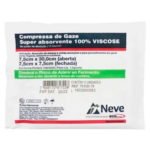 Compressa de Gaze Estéril 13 Fios Neve Viscose 7,5cm X 7,5cm (Fechada) 10 Unidades