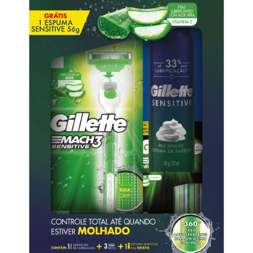 Aparelho de Barbear Gillette Mach3 Sensitive 1 Unidade + 3 Refis Gillette Mach3 + Espuma de Barbear Gillette Sensitive 56g