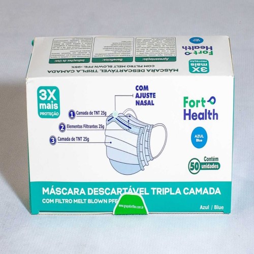 Máscara Descartável Tripla Camada Tnt Fort Health Com Ajuste Nasal Cartucho Com 50 Unidades