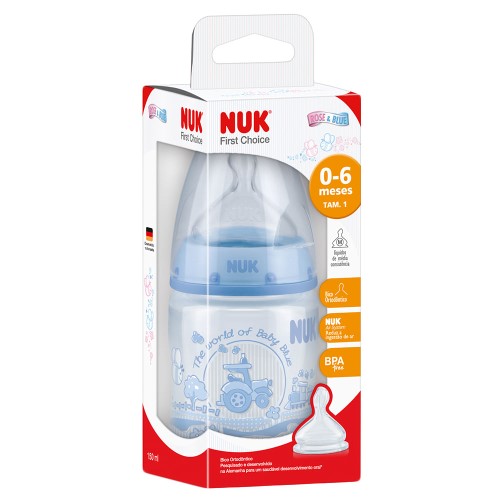 Mamadeira Nuk First Choice Rose & Blue Bico de Silicone Ortodôntico Nível 1 Fluxo Médio 0 a 6 Meses Azul 150ml