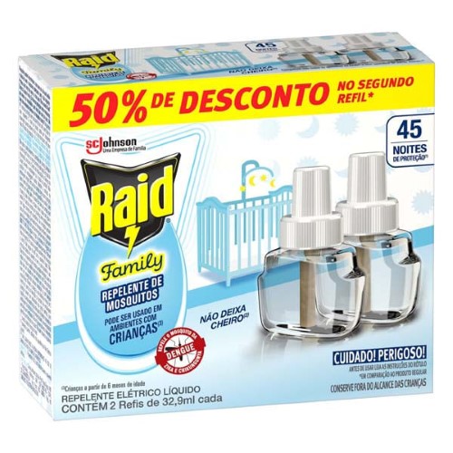 Refil Raid Family 45 Noites Repelente Líquido com 2 Unidades de 32,9 ml cada