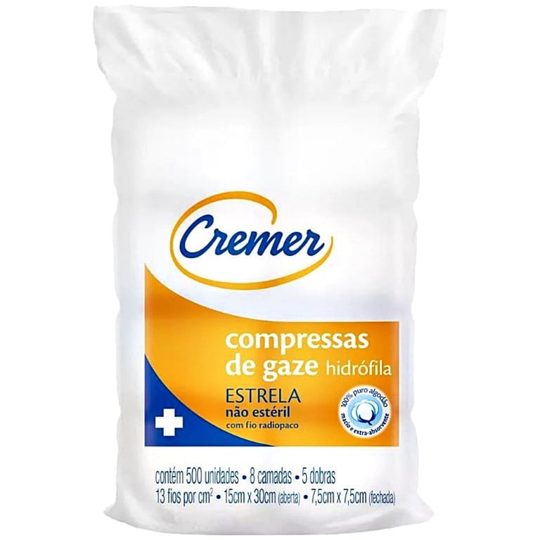 Compressa Gaze Cremer Estrela 13 fios 7.5x7.5cm - 500 unidades