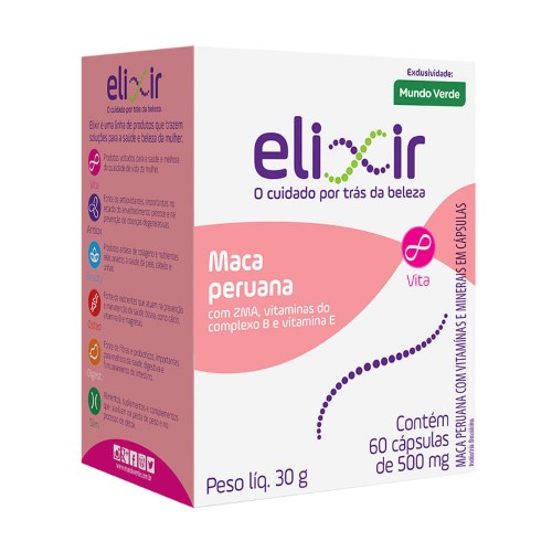 Maca Peruana Elixir 500mg com 60 cápsulas