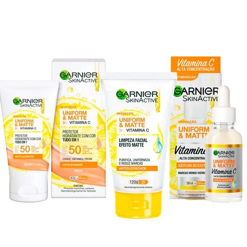 Garnier Skin Uniform & Matte Vitamina C Kit – Sérum Facial + Gel de Limpeza + Protetor Solar FPS50 cor Média