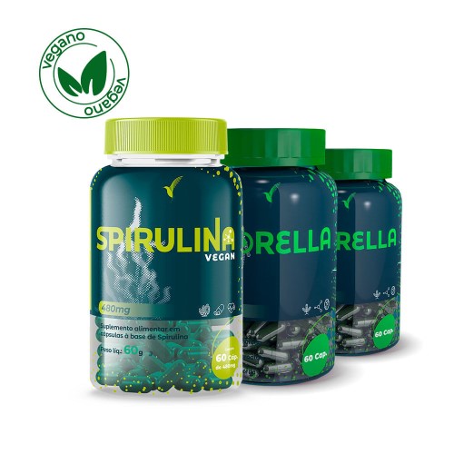 Spirulina 120 cápsulas - 60 dias + Clorella 180 cápsulas 60 dias + ebook