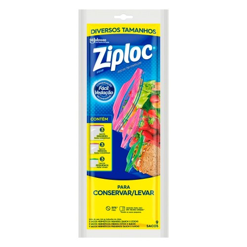 Saco Hermético para Conservar Alimentos Ziploc Diversos Tamanhos com 9 Unidades